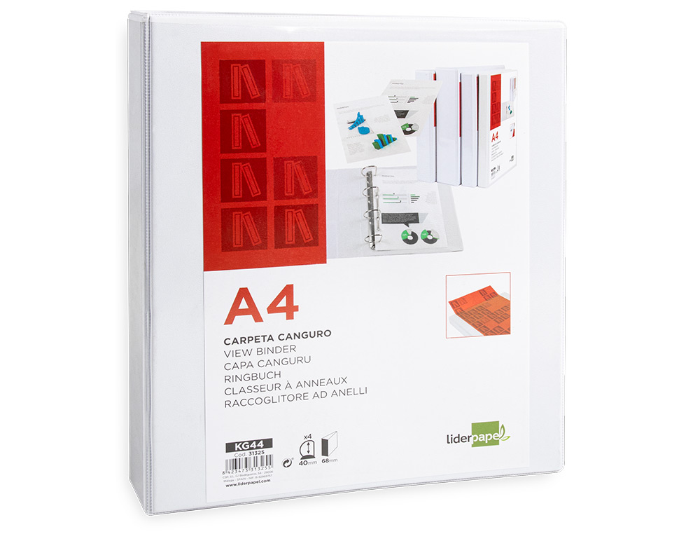 CLASSEUR KANGOUROU LIDERPAPEL 4 ANNEAUX 40MM 283X320MM DOCUMENT A4 PLASTIQUE DOS 68MM COLORIS BLANC