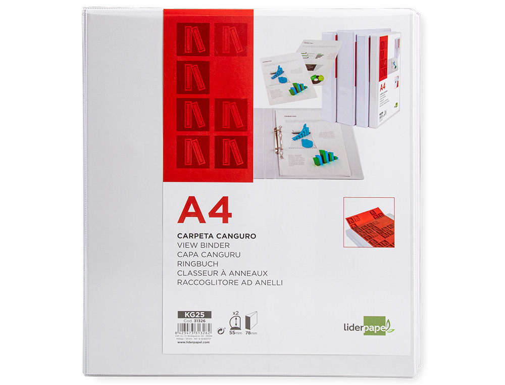 CLASSEUR KANGOUROU LIDERPAPEL 2 ANNEAUX 55MM 283X320MM DOCUMENT A4 PLASTIQUE DOS 78MM COLORIS BLANC