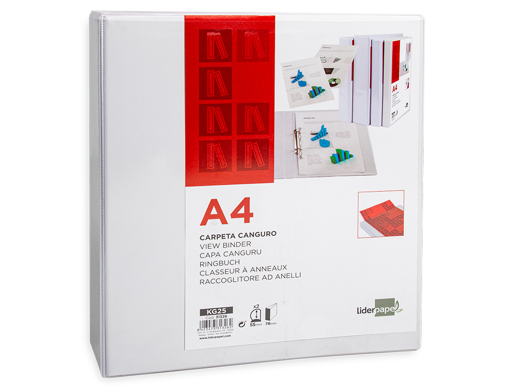 CLASSEUR KANGOUROU LIDERPAPEL 2 ANNEAUX 55MM 283X320MM DOCUMENT A4 PLASTIQUE DOS 78MM COLORIS BLANC