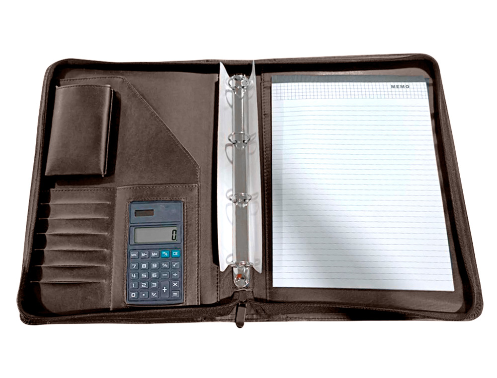 CONFRENCIER A4 CALCULATRICE PLASTIQUE FERMETURE CLAIR POCHETTE TLPHONE PORTABLE 4 ANNEAUX 40MM 35,5X26X1CM MARRON