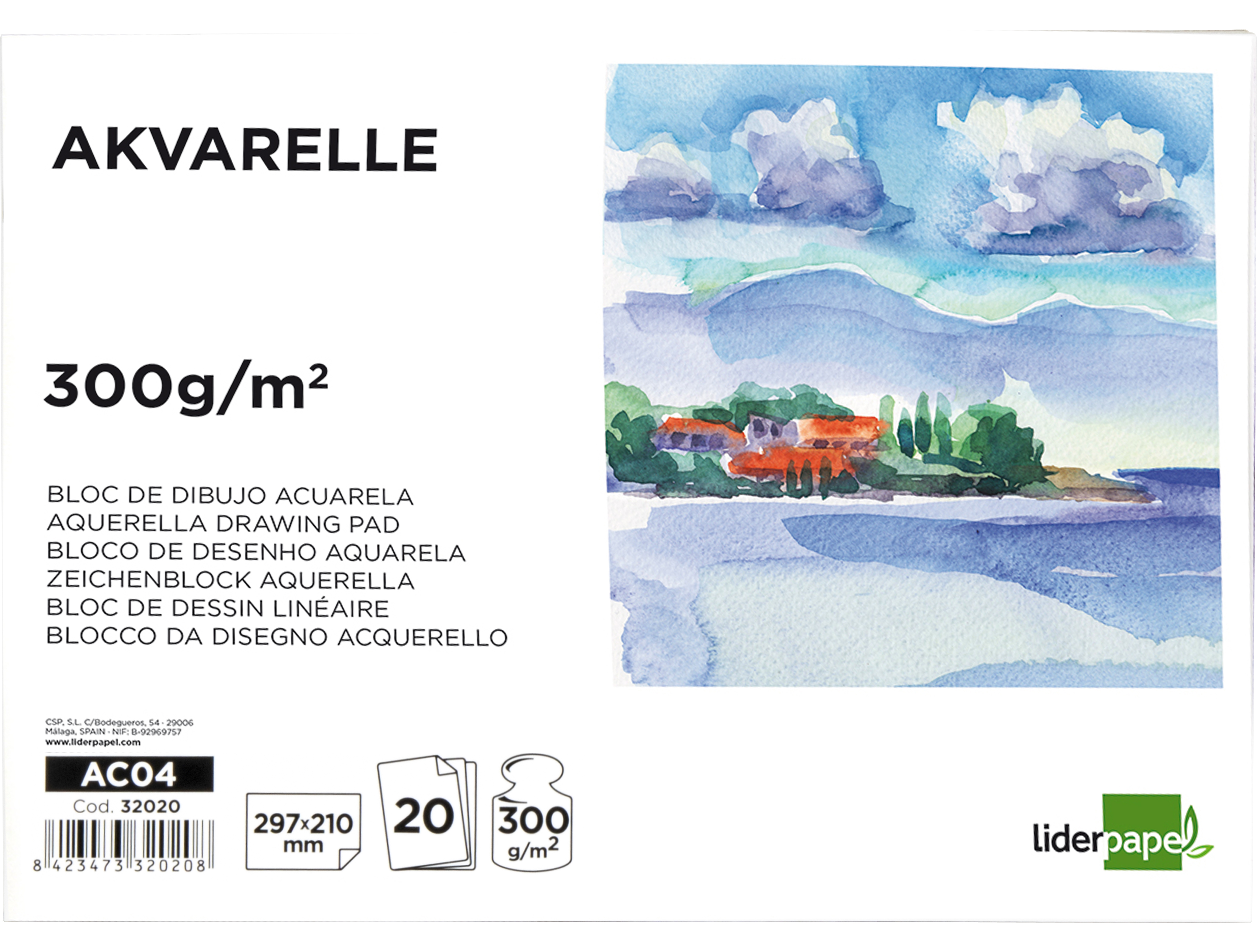 BLOC DESSIN LIDERPAPEL AQUARELLE ENCOLL PAPIER GRAIN MOYEN LISSE 300G/M2 FORMAT A4 297X210MM 20F