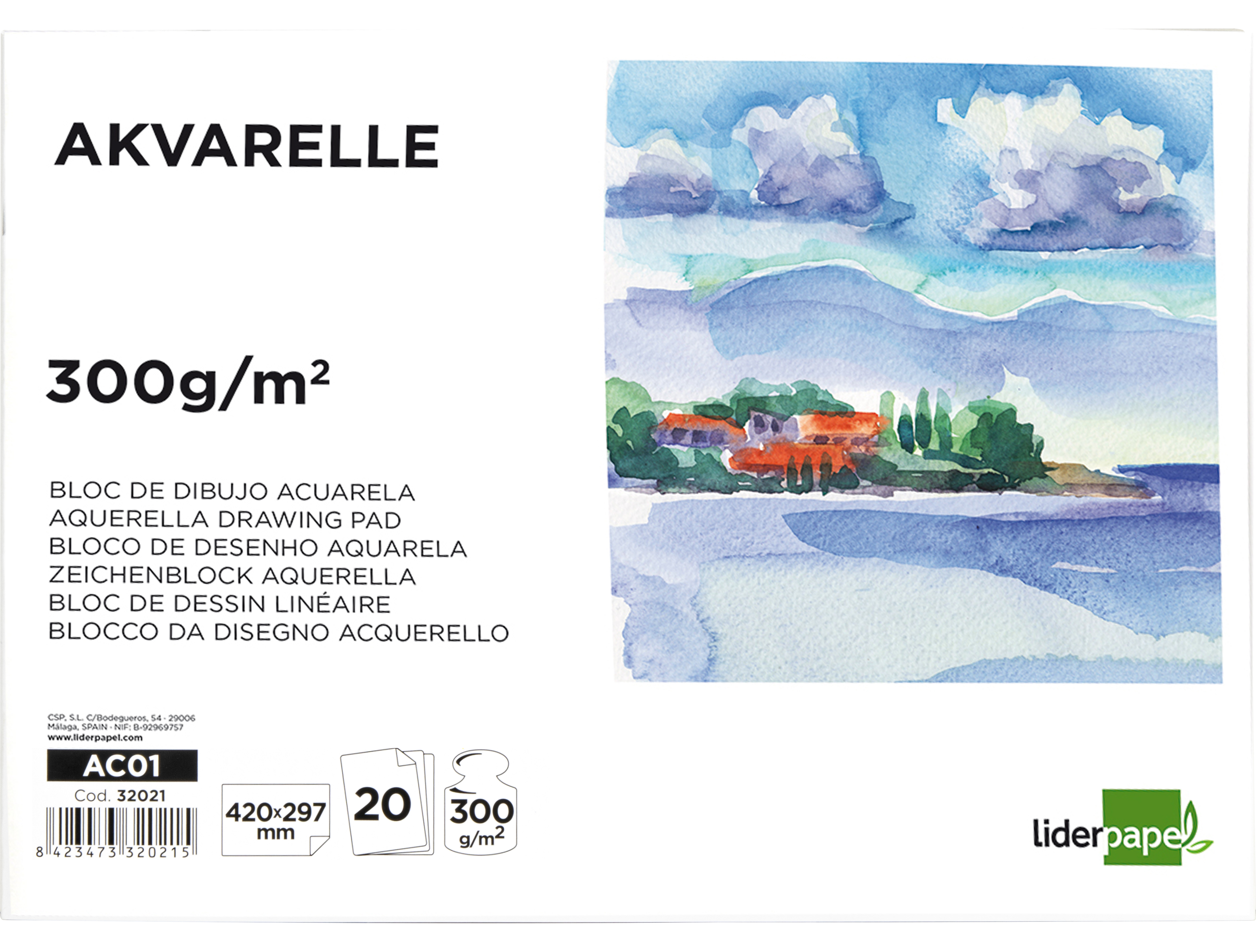 BLOC DESSIN LIDERPAPEL AQUARELLE ENCOLL PAPIER GRAIN MOYEN LISSE 300G/M2 FORMAT A3 420X297MM 20F