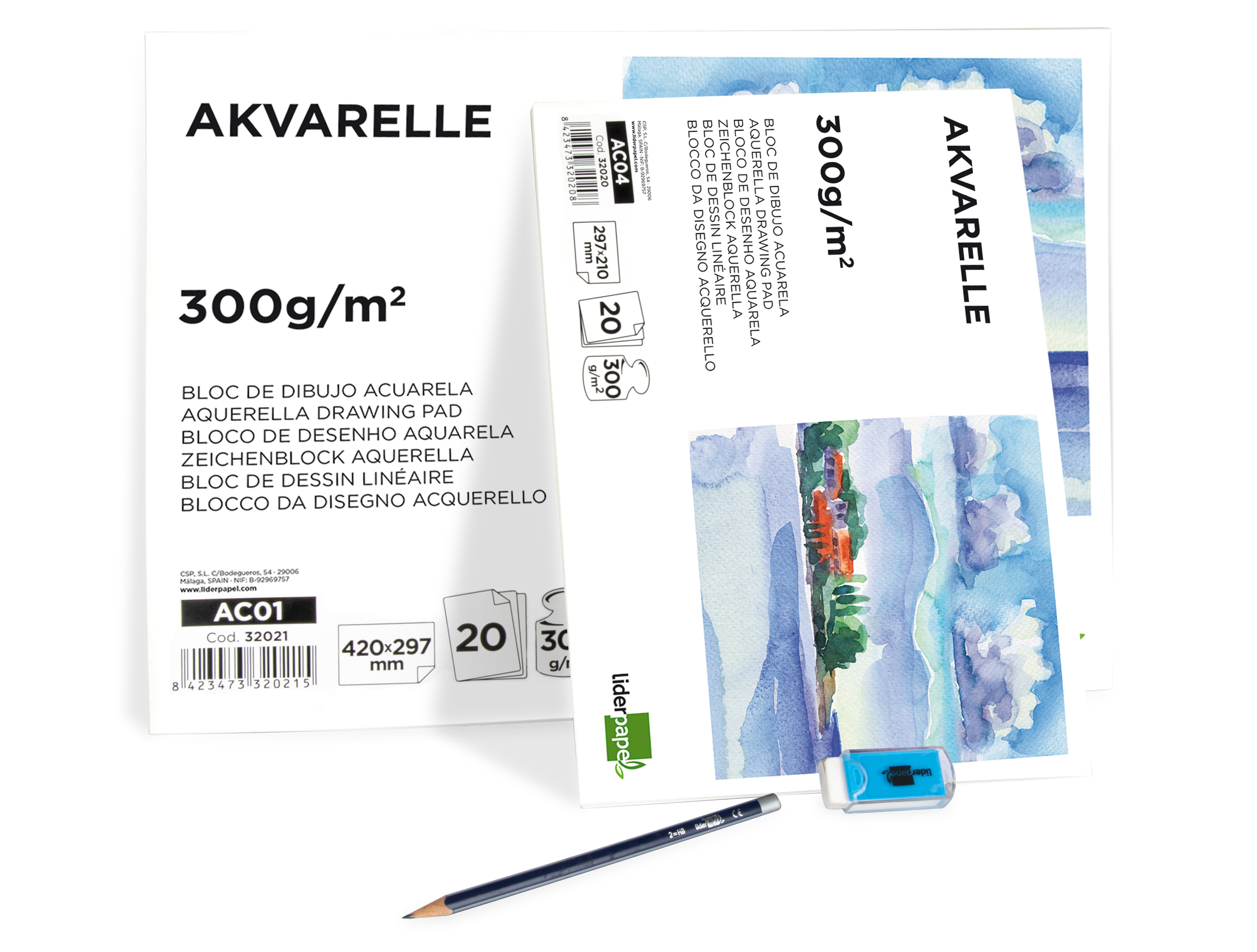 BLOC DESSIN LIDERPAPEL AQUARELLE ENCOLL PAPIER GRAIN MOYEN LISSE 300G/M2 FORMAT A3 420X297MM 20F