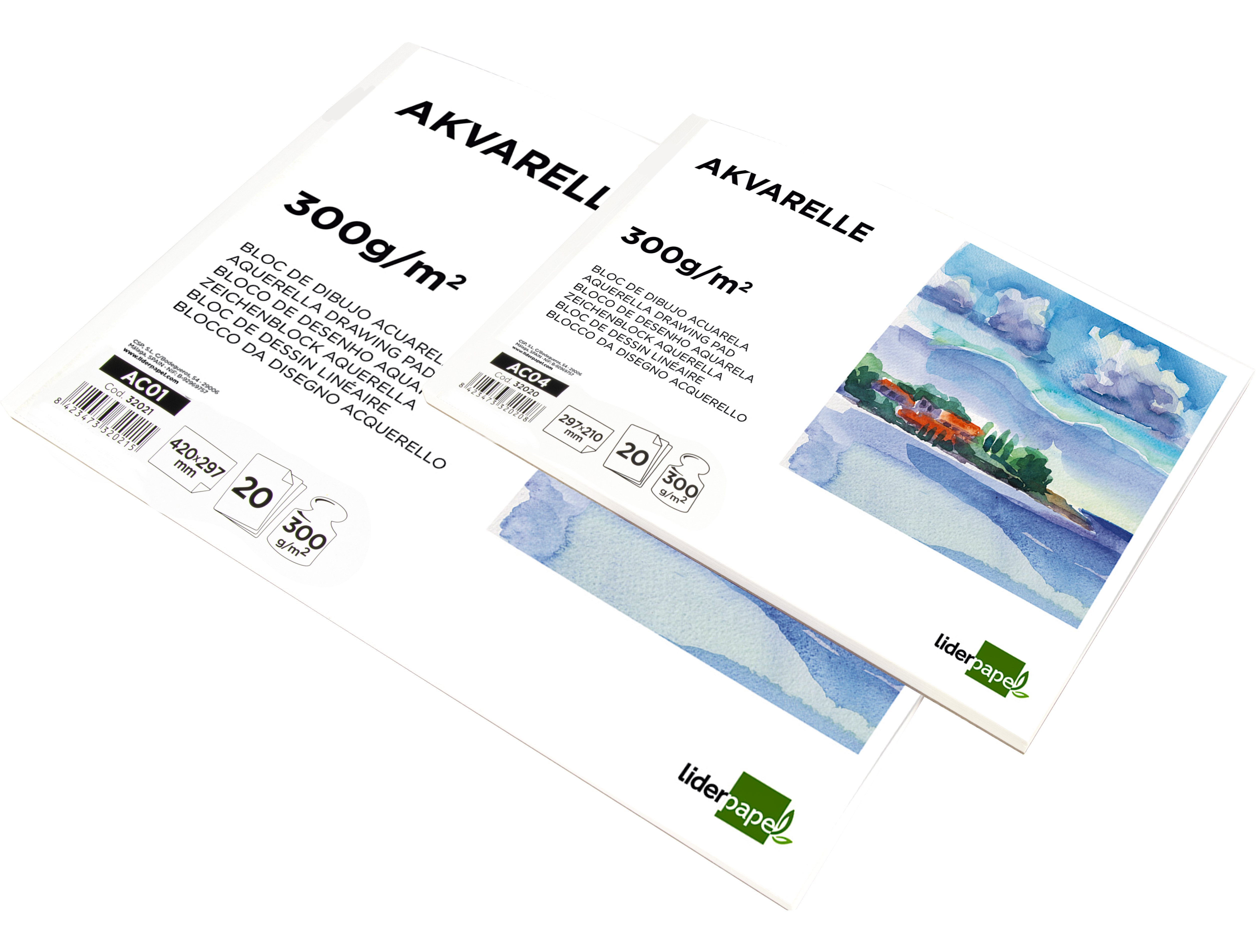 BLOC DESSIN LIDERPAPEL AQUARELLE ENCOLL PAPIER GRAIN MOYEN LISSE 300G/M2 FORMAT A3 420X297MM 20F