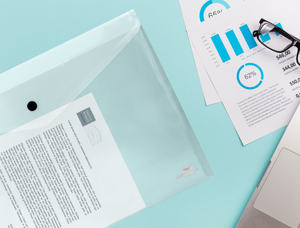 POCHETTE ENVELOPPE LIDERPAPEL POLYPROPYLNE 180 MICRONS A3 420X297MM 50F FERMETURE BOUTON RSISTANT TRANSPARENT