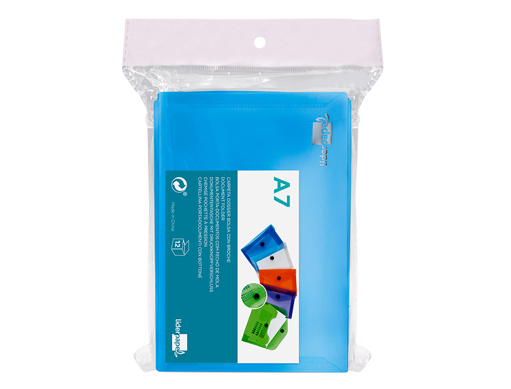 POCHETTE ENVELOPPE LIDERPAPEL POLYPROPYLNE 180 MICRONS A7 105X74MM 50F FERMETURE BOUTON RSISTANT TRANSPARENT BLEU