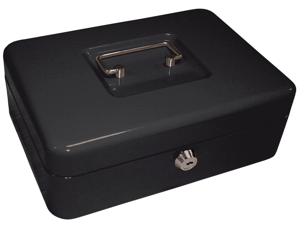 CAISSE MONNAIE Q-CONNECT STRUCTURE ACIER 0.8MM PAISSEUR PLATEAU AMOVIBLE ESPACE BILLETS 250X180X90MM COLORIS NOIR