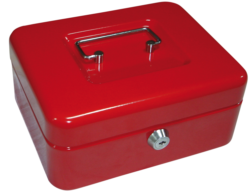 CAISSE MONNAIE Q-CONNECT STRUCTURE ACIER 0.8MM PAISSEUR PLATEAU AMOVIBLE ESPACE BILLETS 200X160X90MM COLORIS ROUGE