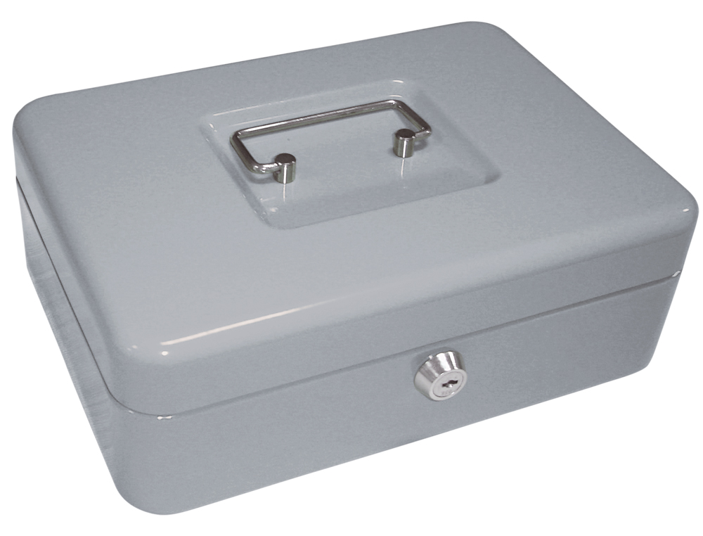 CAISSE MONNAIE Q-CONNECT STRUCTURE ACIER 0.8MM PAISSEUR PLATEAU AMOVIBLE ESPACE BILLETS 250X180X90MM COLORIS ARGENT