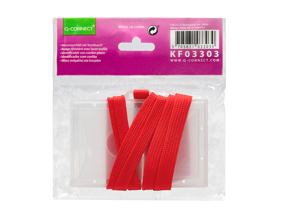 BADGE Q-CONNECT LACET ROUGE PLASTIQUE RIGIDE CONGRS FOIRES ENTREPRISES INTRIEUR CARTE BLANCHE ROUGE 94X60MM