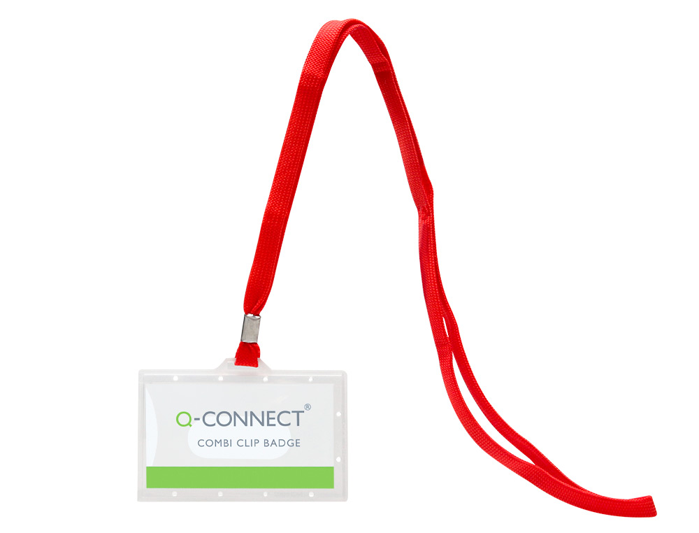 BADGE Q-CONNECT LACET ROUGE PLASTIQUE RIGIDE CONGRS FOIRES ENTREPRISES INTRIEUR CARTE BLANCHE ROUGE 94X60MM