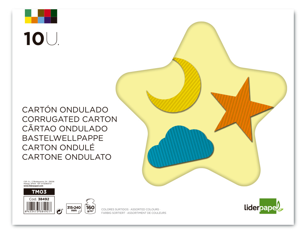 CARTON ONDUL LIDERPAPEL A4+ 24X31,5CM 160G/M2 COLORIS ASSORTIS BLOC 10F