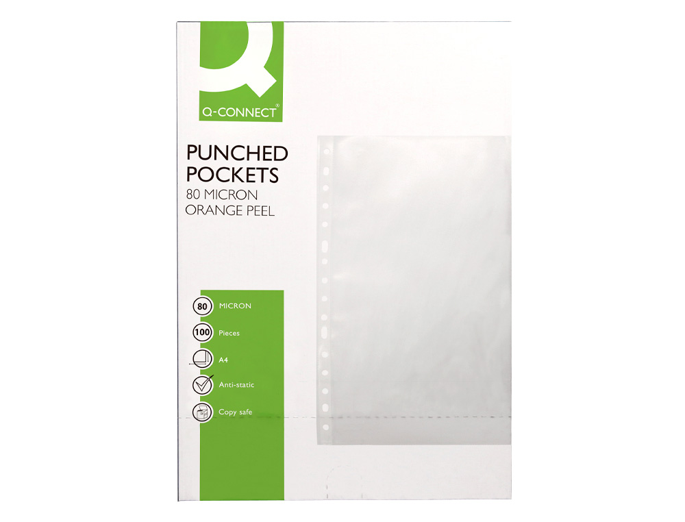 POCHETTE Q-CONNECT POLYPROPYLÈNE GRAINÉ 8/100E PERFORÉE ANTISTATIQUE A4 210X297MM BTE DE 100
