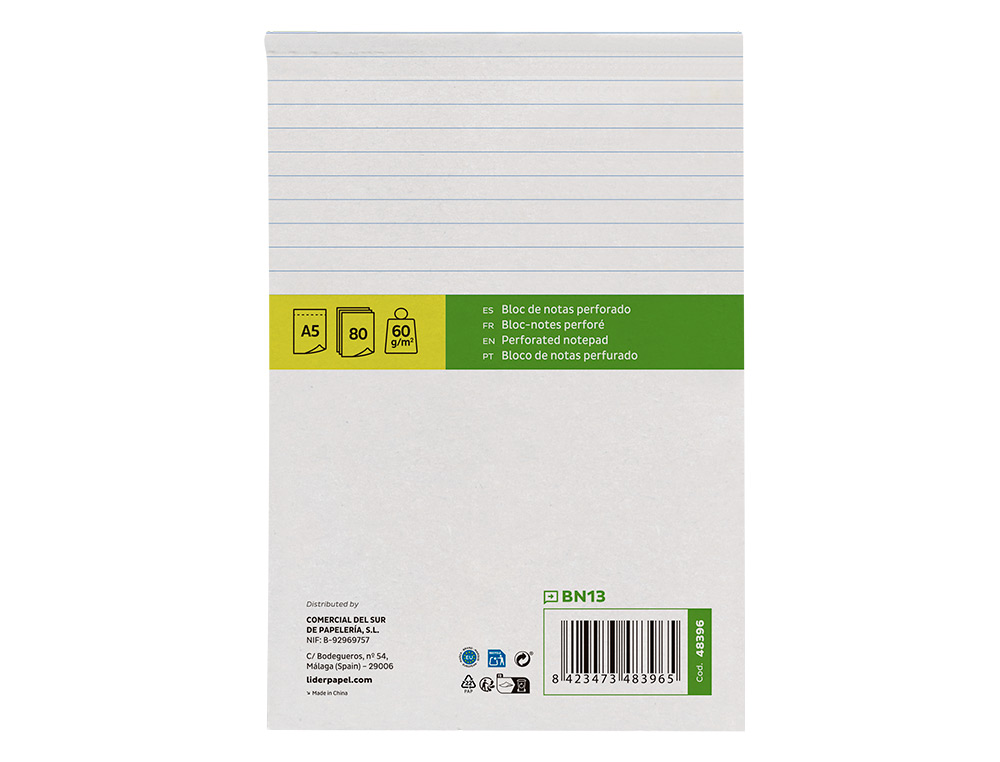 BLOC NOTES LIDERPAPEL PERFOR LIGN A5 210X148MM PAYSAGE COUVERTURE CARTON IMPRIM 250G/M2 80F 60G/M2