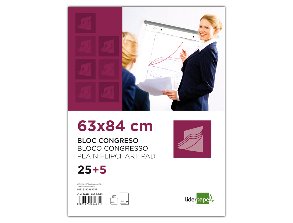 BLOC CONFRENCE LIDERPAPEL 63X84CM PAPIER UNI 80G/M2 CONVENTIONS RUNIONS 25F + 5F GRATUITES