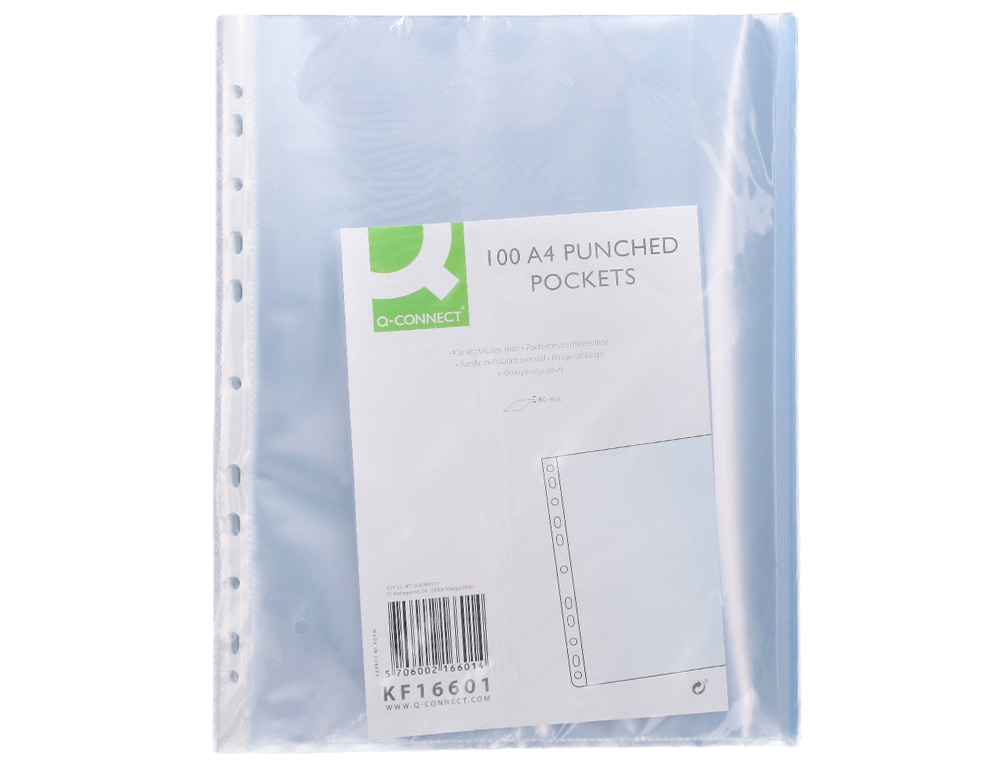 POCHETTE Q-CONNECT POLYPROPYLNE LISSE 8/100E PERFORE CRISTAL ANTISTATIQUE A4 210X297MM  SACHET 100 UNITES