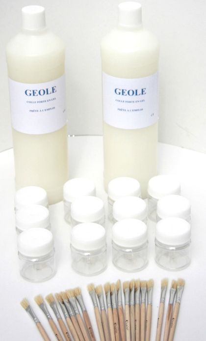 ENSEMBLE GEOLE Colle forte en gel  base d'eau 2 bidons de 1 litre + 12 pots de 50 ml + 20 pinceaux