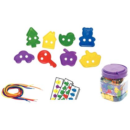 Boite de 80 formes  enfiler + 10 cordons