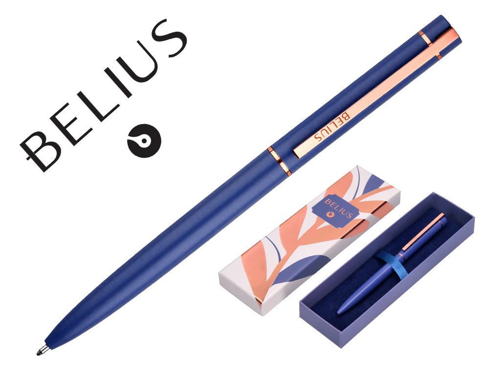 STYLO-BILLE BELIUS ROSE ALUMINIUM DETAILS ET ATTRIBUTS OR ROSE ENCRE BLEUE COLORIS BLEU ELECTRIQUE DANS COFFRET CADEAU
