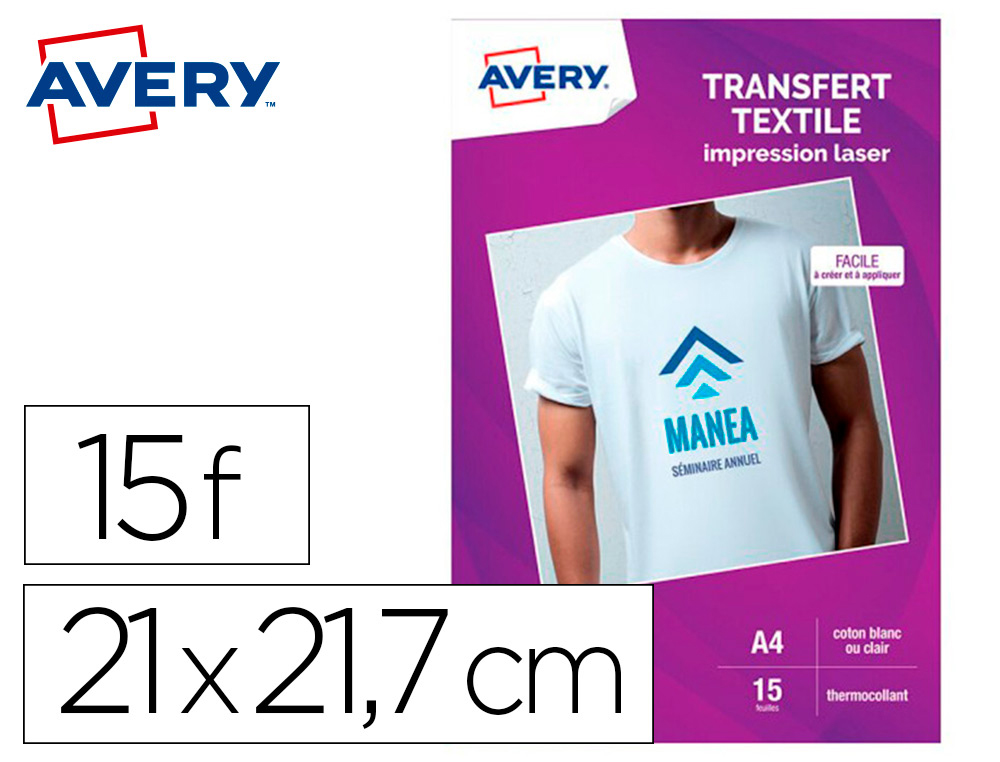 TRANSFERT TEXTILE AVERY A4 LASER PAQUET DE 15 COLORIS    BLANC OU CLAIR