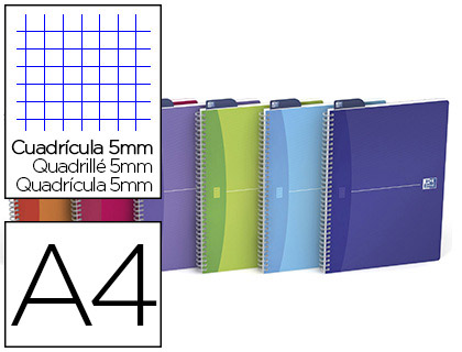 CAHIER SPIRALE OXFORD RELIURE INTGRALE MY COLOURS OPTIK PAPER A4 21X29,7CM 180 PAGES 90G 5X5MM COLORIS ASSORTIS