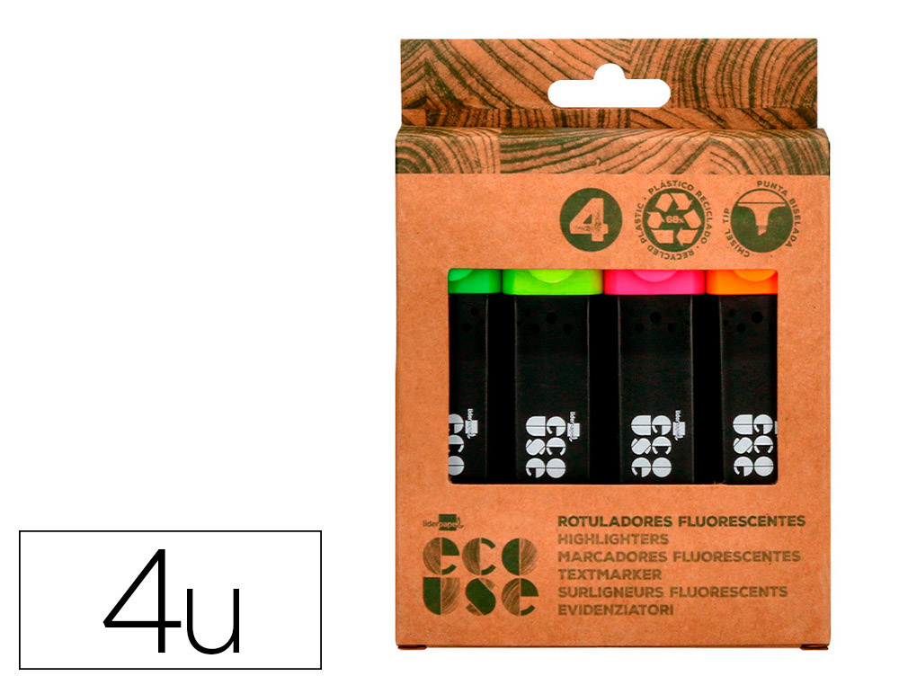 SURLIGNEUR LIDERPAPEL ECOUSE FLUORESCENT FABRIQUE 68%      PLASTIQUE RECYCLE BOITE DE 4  UN COLORIS ASSORTIS