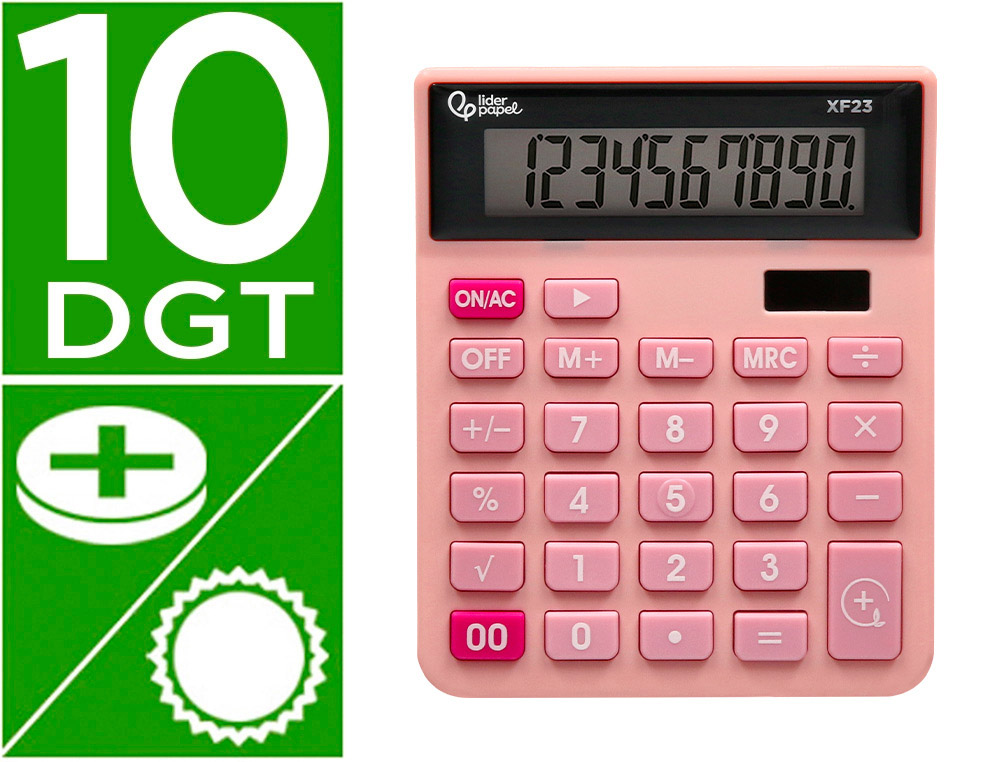 CALCULATRICE DE BUREAU LIDERPAPEL XF20 10 CHIFFRES   SOLAIRE ET PILES 127X105X24   MM COLORIS ROSE