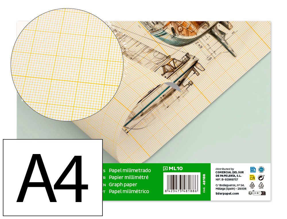 PAPIER MILLIMTR LIDERPAPEL 1MM 80G/M2 FEUILLE A4 210X297MM MINIPACK 10F